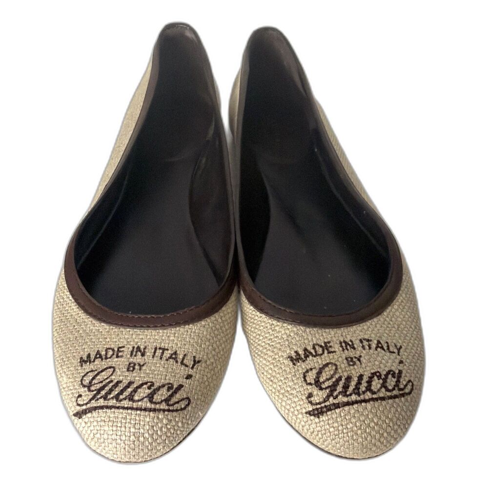 Gucci Made In Italy 8 Embroidered Canvas Ballet Flats Beige Eu 38.5 Designer